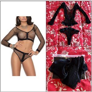 NWOT Black Sheer Mesh Crop Top & Bikini Set with Sexy Zipper Detail - One Size